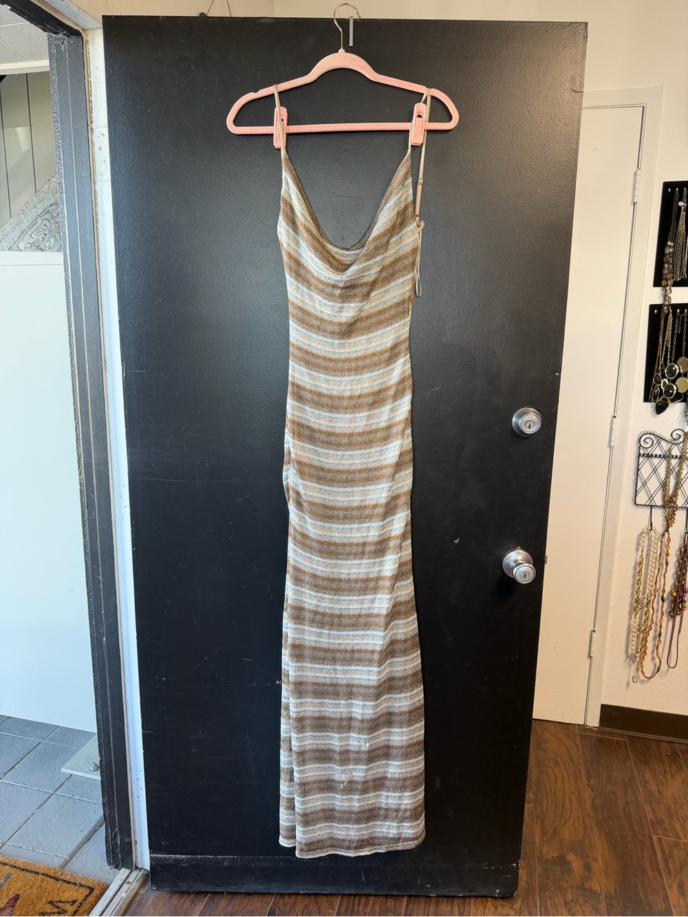 privy Striped Cowl Neck Maxi Dress in Brown and Cream and Blue